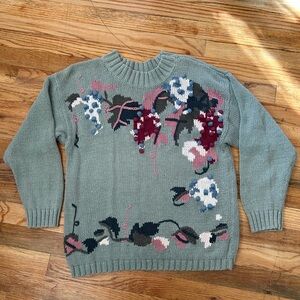 90s Marnie West Knit Crew Neck Sweater Blue w/ Grapes & Leaves 3D Grandma Core